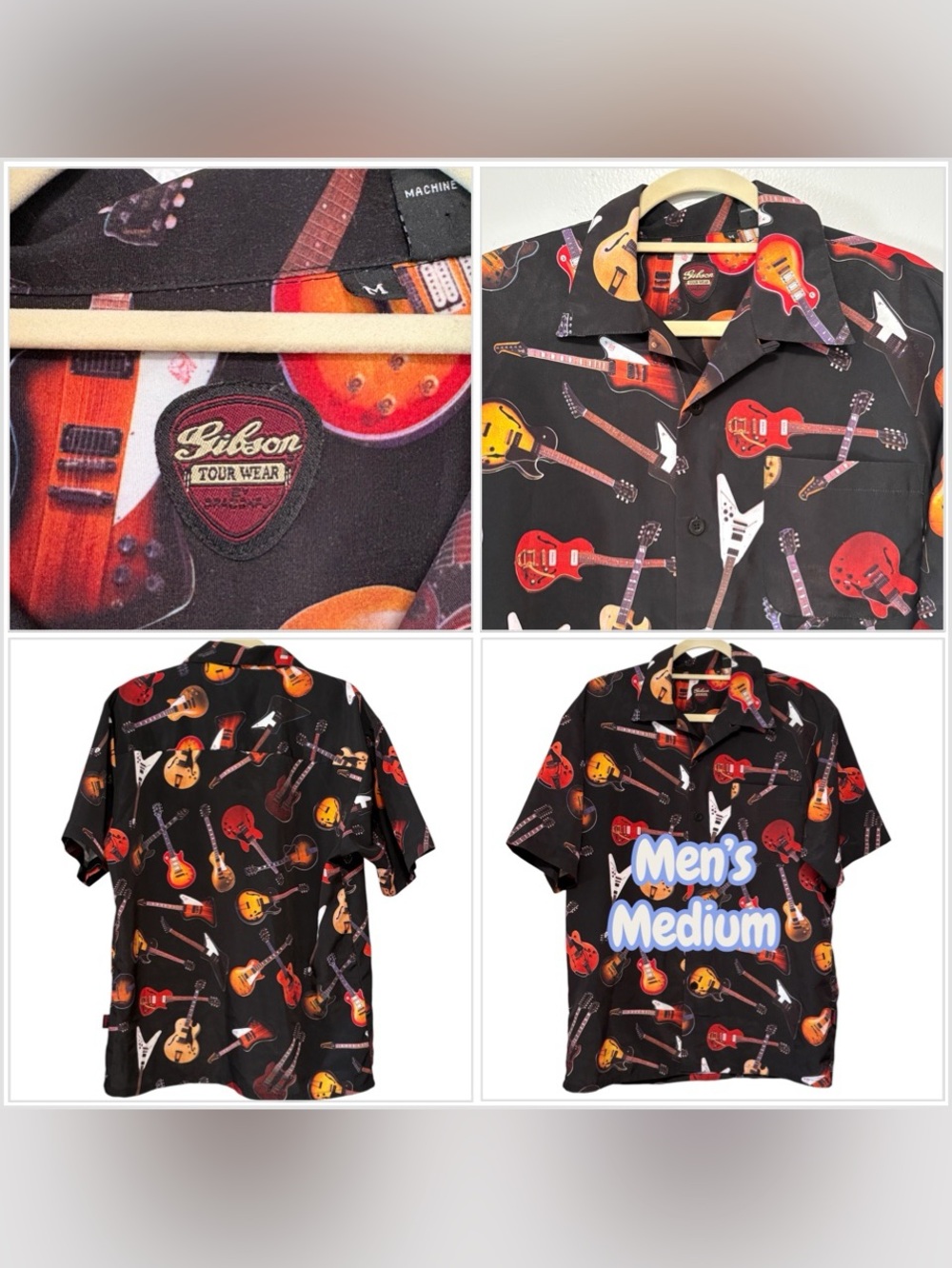 Gibson Men's Black Guitar Print Short-Sleeve Shirt - Medium Hawaiian Style